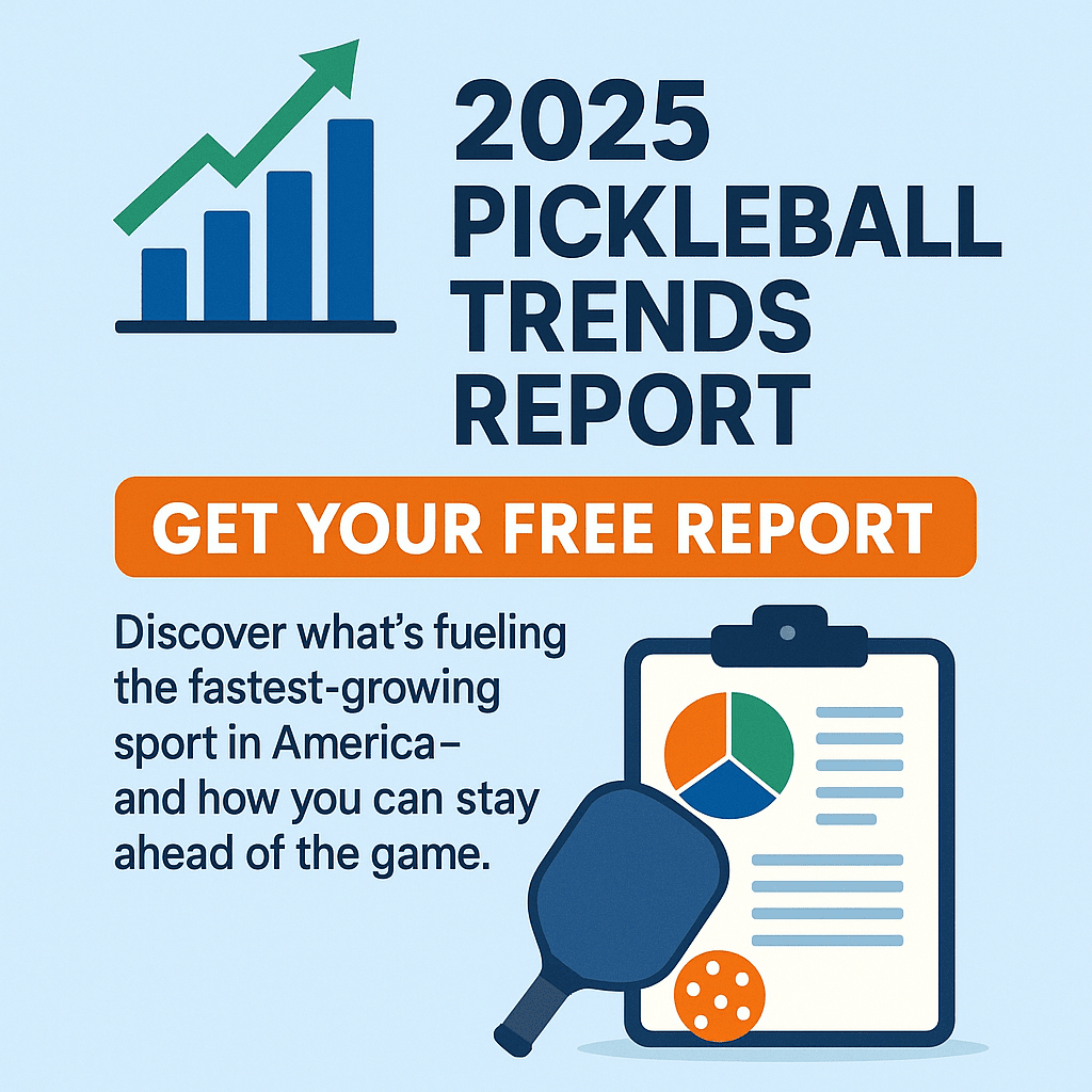 Promotional graphic for the 2025 Pickleball Trends Report featuring a growth chart, call-to-action button reading "Get Your Free Report," and icons of a paddle, ball, and analytics clipboard