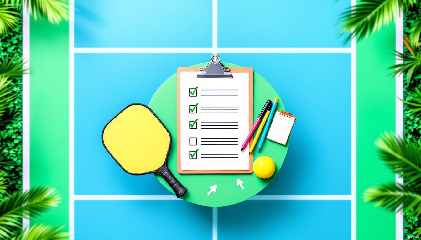 Pickleball paddle, yellow ball, and a checklist on a clipboard placed on a vibrant pickleball court, surrounded by tropical leaves