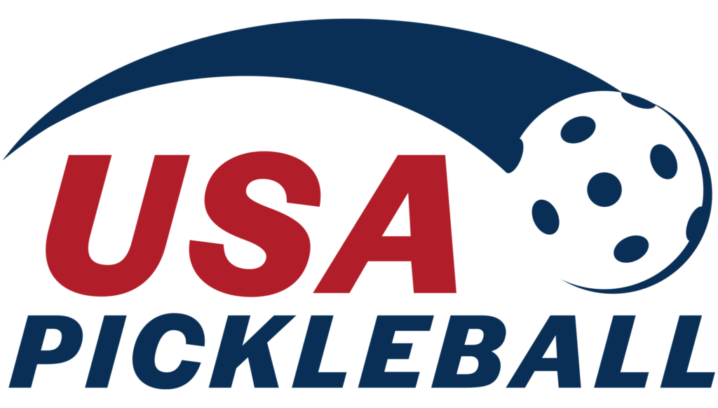 USA Pickleball logo featuring bold red and navy text with a stylized pickleball graphic
