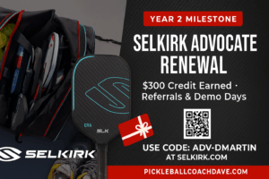 Selkirk Advocate Year 2 graphic with demo gear, SLK ERA paddle, and referral code info.